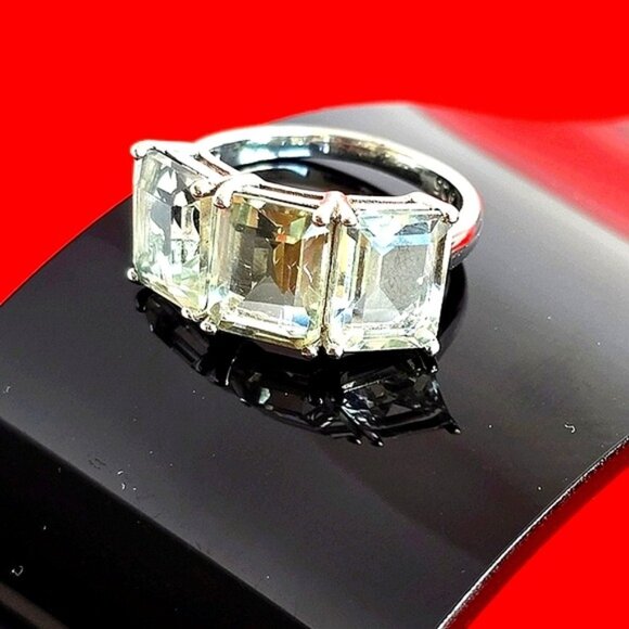 925 Sterling Silver Ring Sz 6.5 with Natural 3 Green Amethyst Stones 7x9mm - Picture 2 of 9